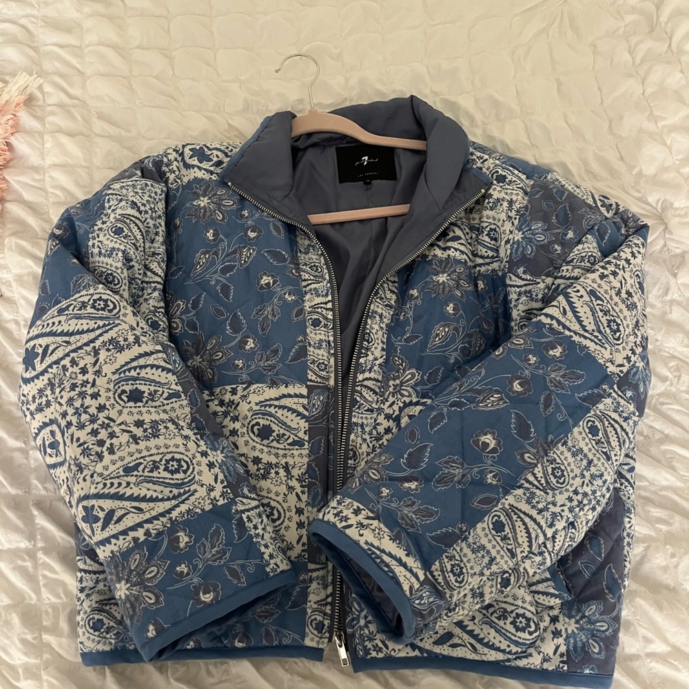 7 for all mankind jacket, blue quilt print new small